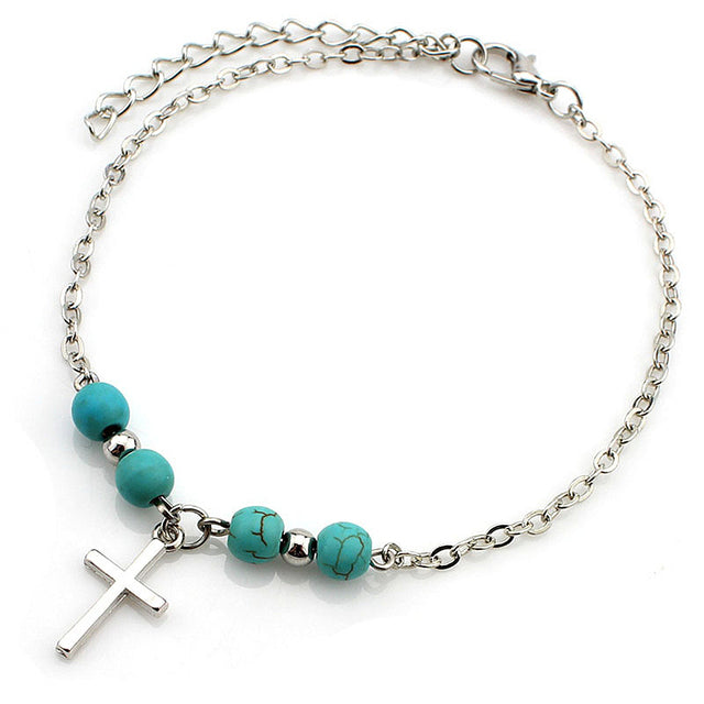 Handmade Beaded Pine Anklet with Cross Palm Tree Design