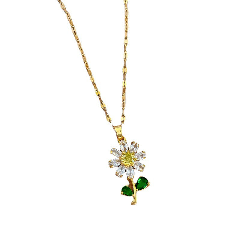 Titanium Steel Zircon Flower Necklace for Women