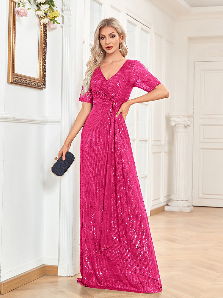 V-Neck Sequin Fishtail Short Sleeve Dress for Women – Elegant Party Evening Dress
