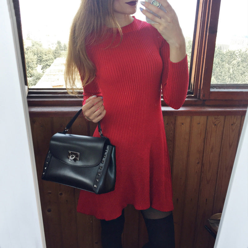 Women’s Ruched Bodycon Dress – Fitted Ruffled Long-Sleeve Mini Dress, Red & Khaki