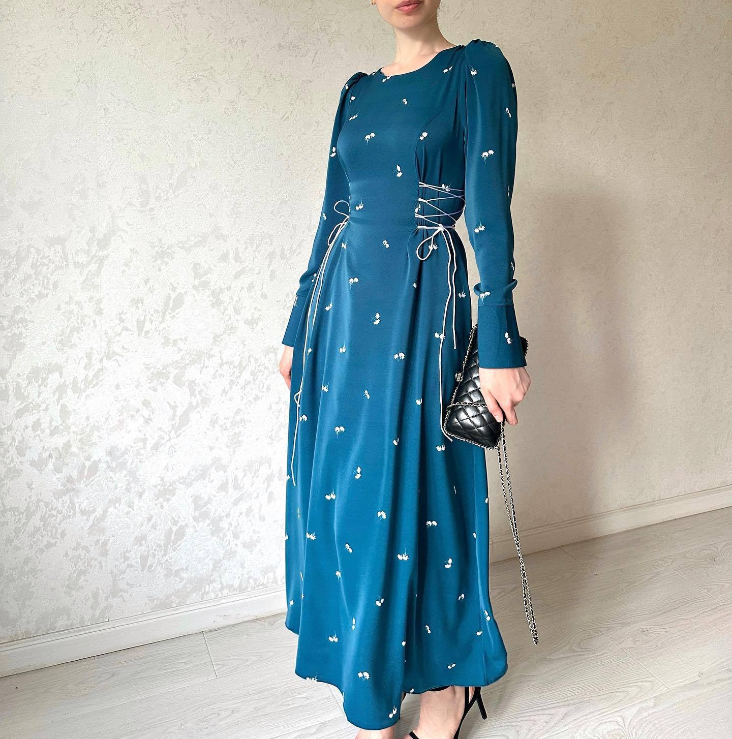 Women’s Elegant Sky Blue Long-Sleeve Dress – Flowing Polyester Long-Waist Dress, S–XXL