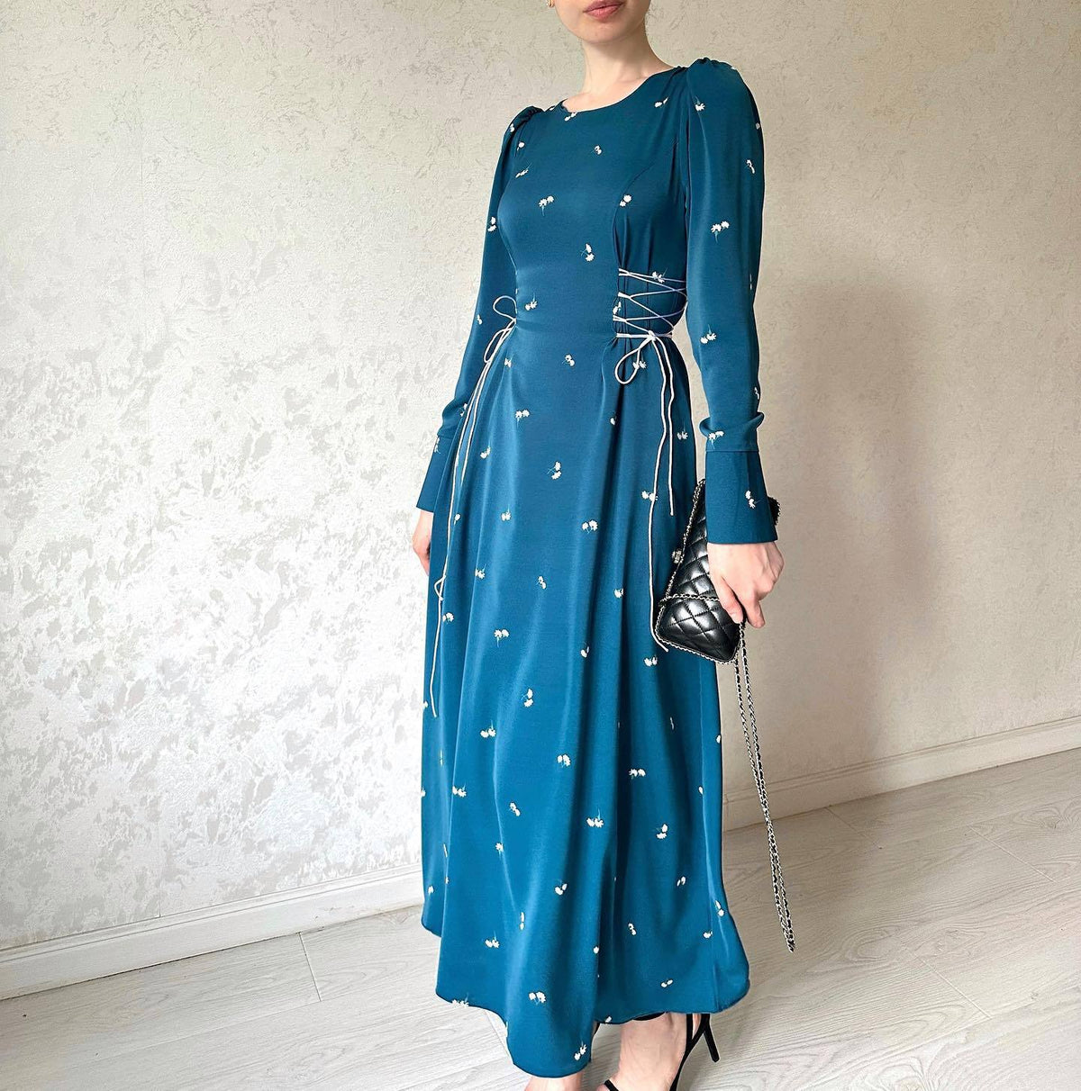 Women’s Elegant Sky Blue Long-Sleeve Dress – Flowing Polyester Long-Waist Dress, S–XXL