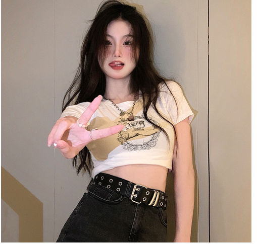 Angel Print Heart Circle Short Sleeve T-Shirt for Women