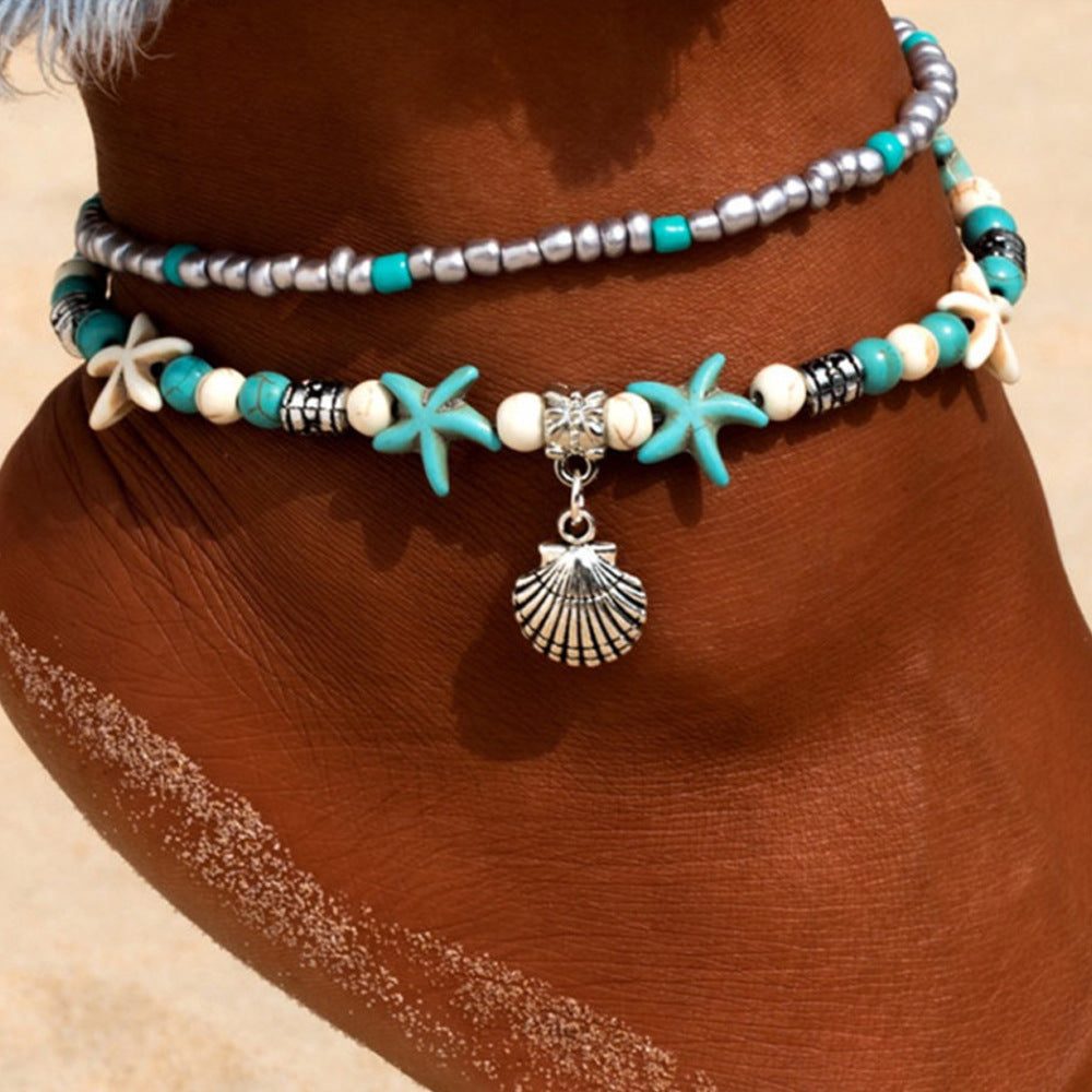 Turquoise Beach Anklet with Sea Turtle and Starfish Pendant