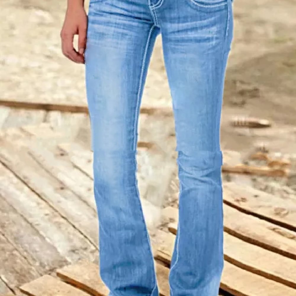 Women’s Low-Waist Flare Jeans – Cotton Denim Micro-Flared Pants in Light Blue, Navy & Peacock Blue, XS–4XL
