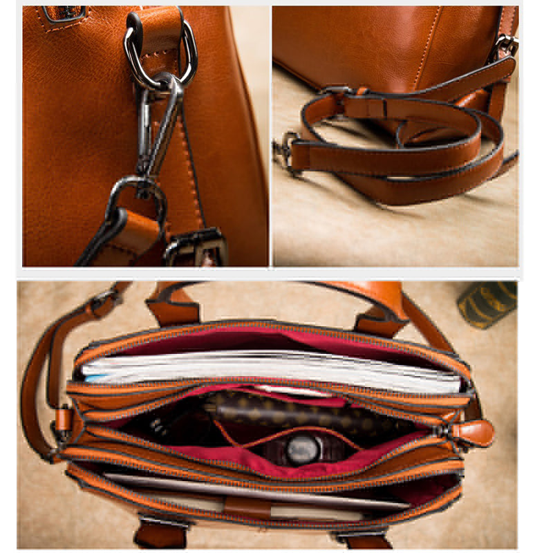 Minimalist Waxed Cowhide Crossbody Bag for Women – Large Genuine Leather Handbag