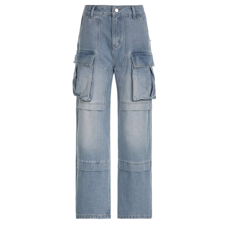 Women’s High-Waist Straight-Leg Jeans – Large Pocket Stretch Blue Denim, S–XL