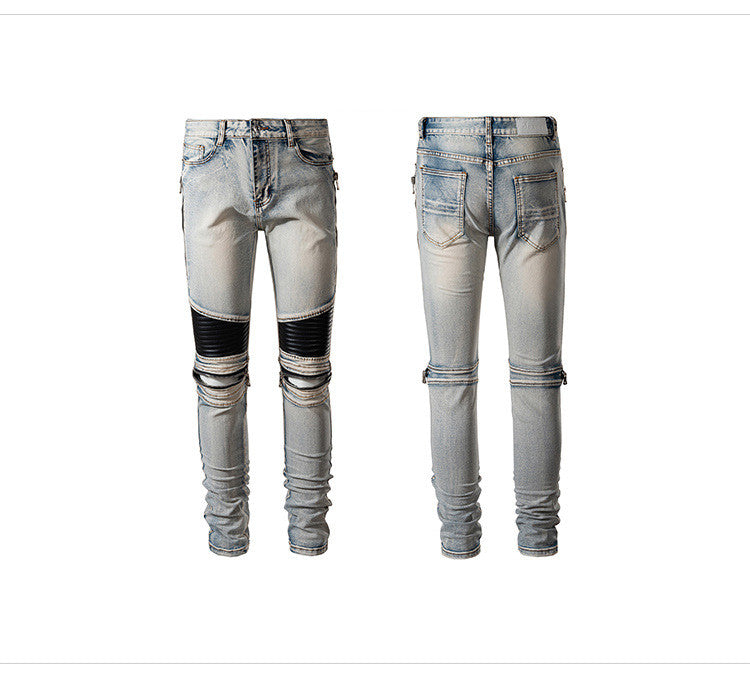 Men’s Leather Patch Trousers with Knee Zippers – Biker Style Casual Pants