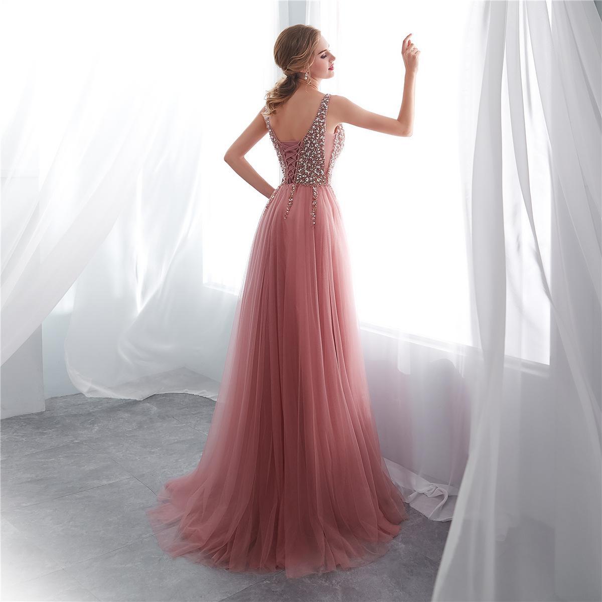 Women’s V-Neck Tulle Evening Gown – Elegant Floor-Length Formal Dress S–XXL