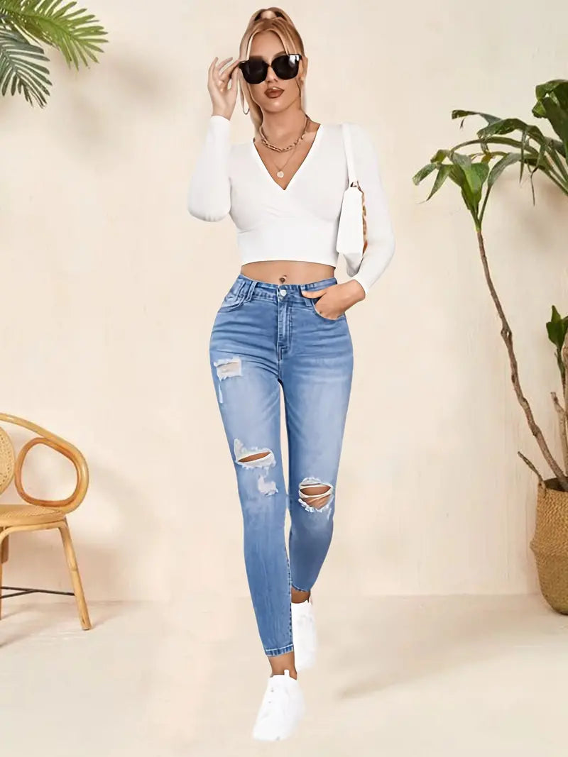 Women’s Light Blue Ripped High-Rise Skinny Jeans – Stretch Cotton Denim, XS–XL