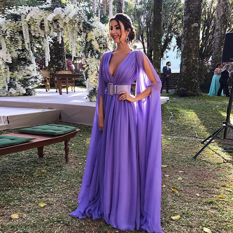 Women’s Deep V-Neck Chiffon Evening Gown – Elegant Long Formal Dress