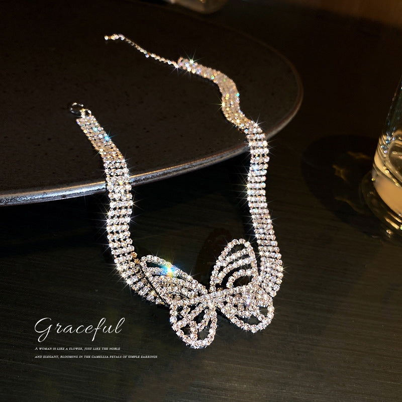 Trendy Exaggerated Butterfly Choker Necklace with Diamonds