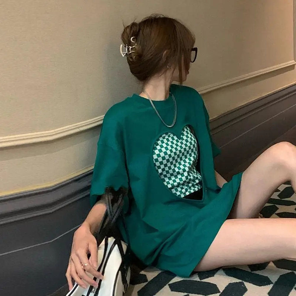 Korean Plaid Oversized T-Shirt Two-Piece Set for Women