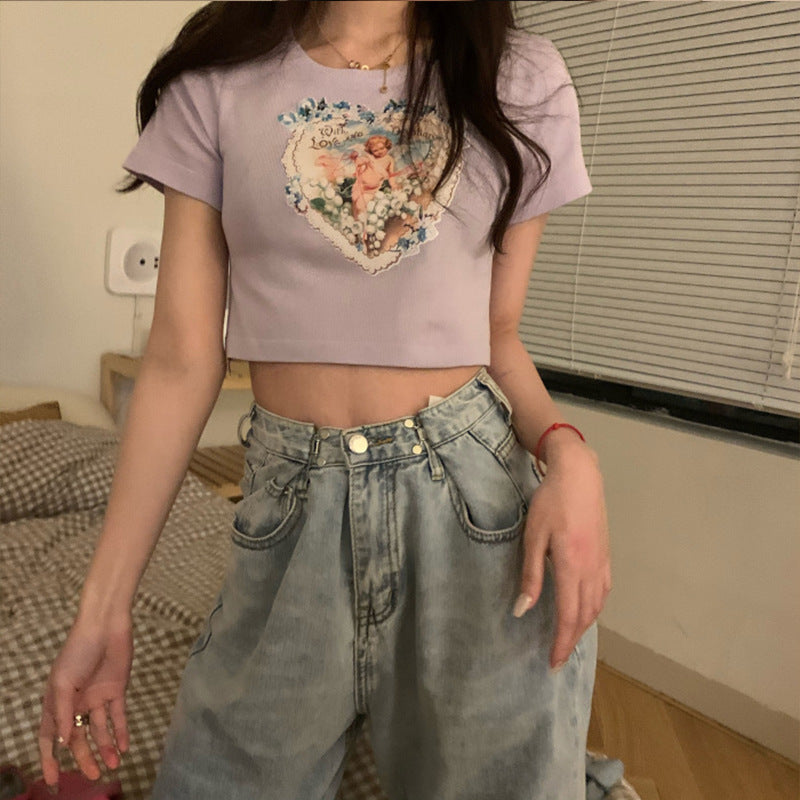 Angel Print Summer Short Sleeve T-shirt for Women
