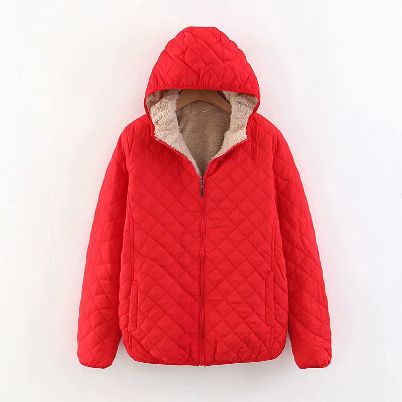 Women’s Plus Size Korean Plaid Fleece Jacket – Hooded Lamb Fleece Winter Coat, 10 Colors, S–3XL