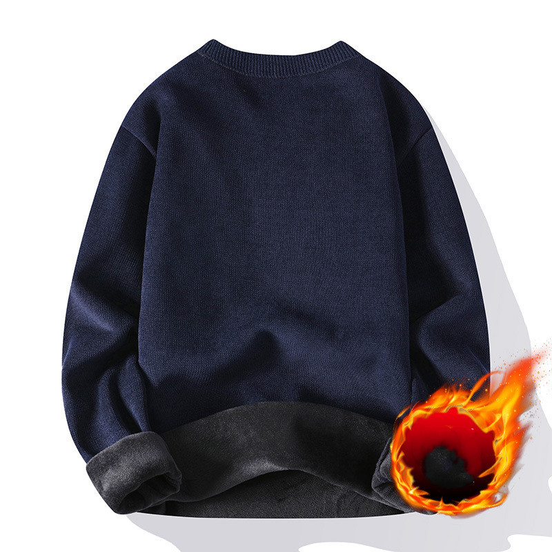 Men’s Plush Round Neck Sweater – Slim-Fit Warm Fleece-Lined Solid Pullover, 4 Colors, M–4XL