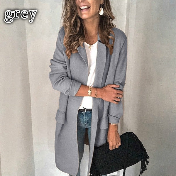 Women’s Casual Long-Sleeve Blazer – Solid Color Suit Collar Jacket with Faux Pockets, S–3XL
