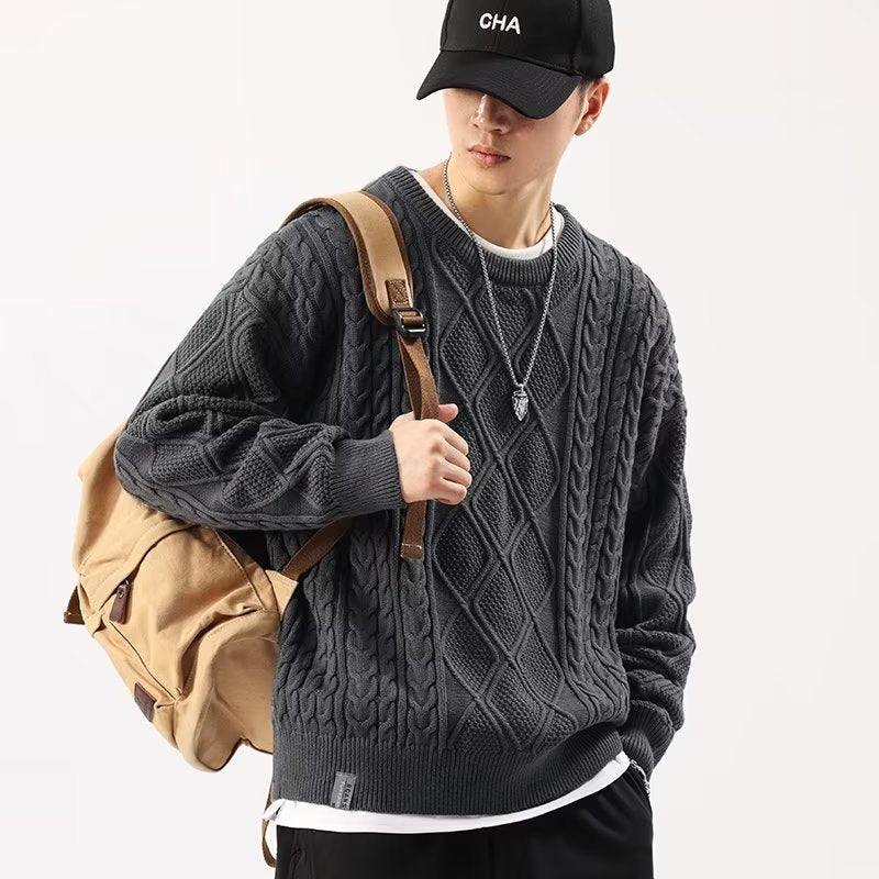 Men’s Loose Round Neck Sweater – Soft Chenille Long Sleeve Casual Pullover, Black & Ink, M–2XL