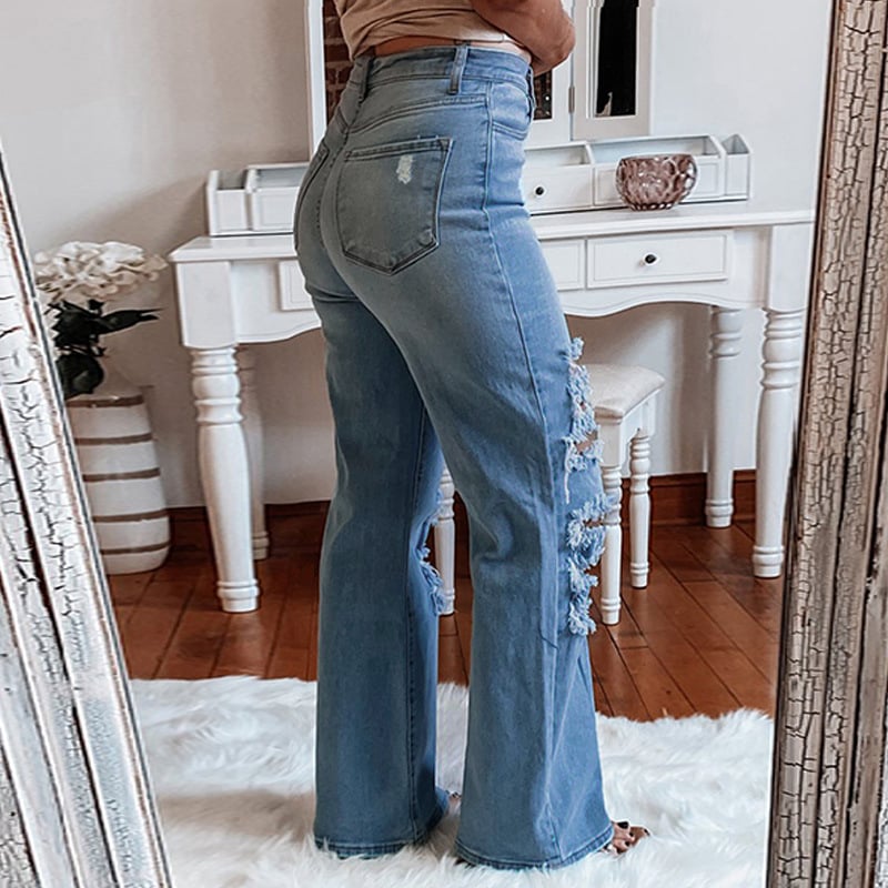 Women’s Distressed Straight-Leg Jeans – Premium Cotton Washed Light Blue Denim, S–XL