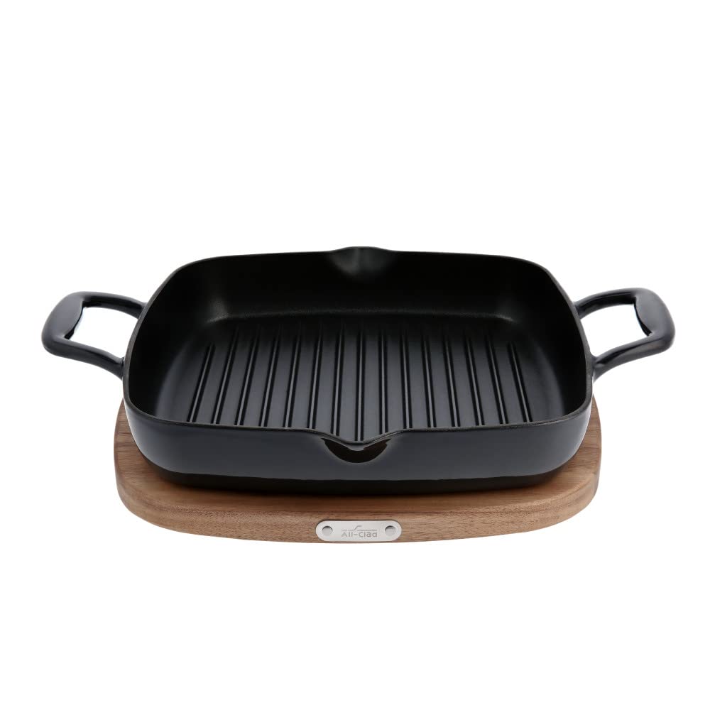 All-Clad 11-Inch Enameled Cast Iron Grill Pan – Square Induction Cookware with Acacia Trivet