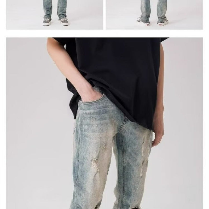 Straight-Leg Vintage Washed Zipper Jeans – Non-Stretch Long Denim Pants, Sizes 30–36