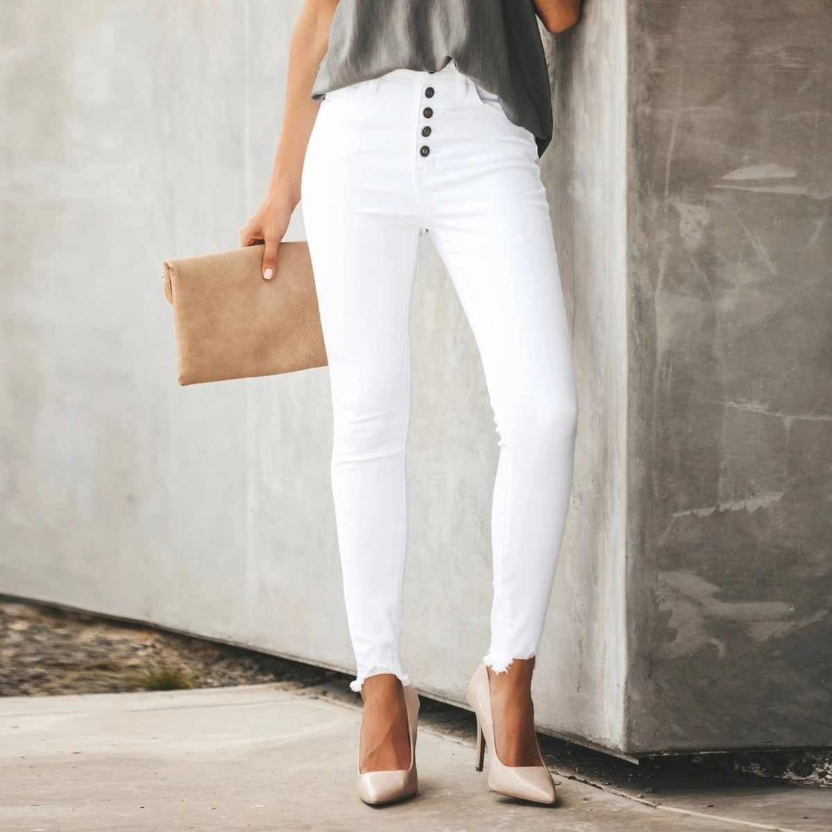 Women’s Solid Color High-Waist Stretch Skinny Jeans – Stone-Washed Black & White Denim, S–2XL