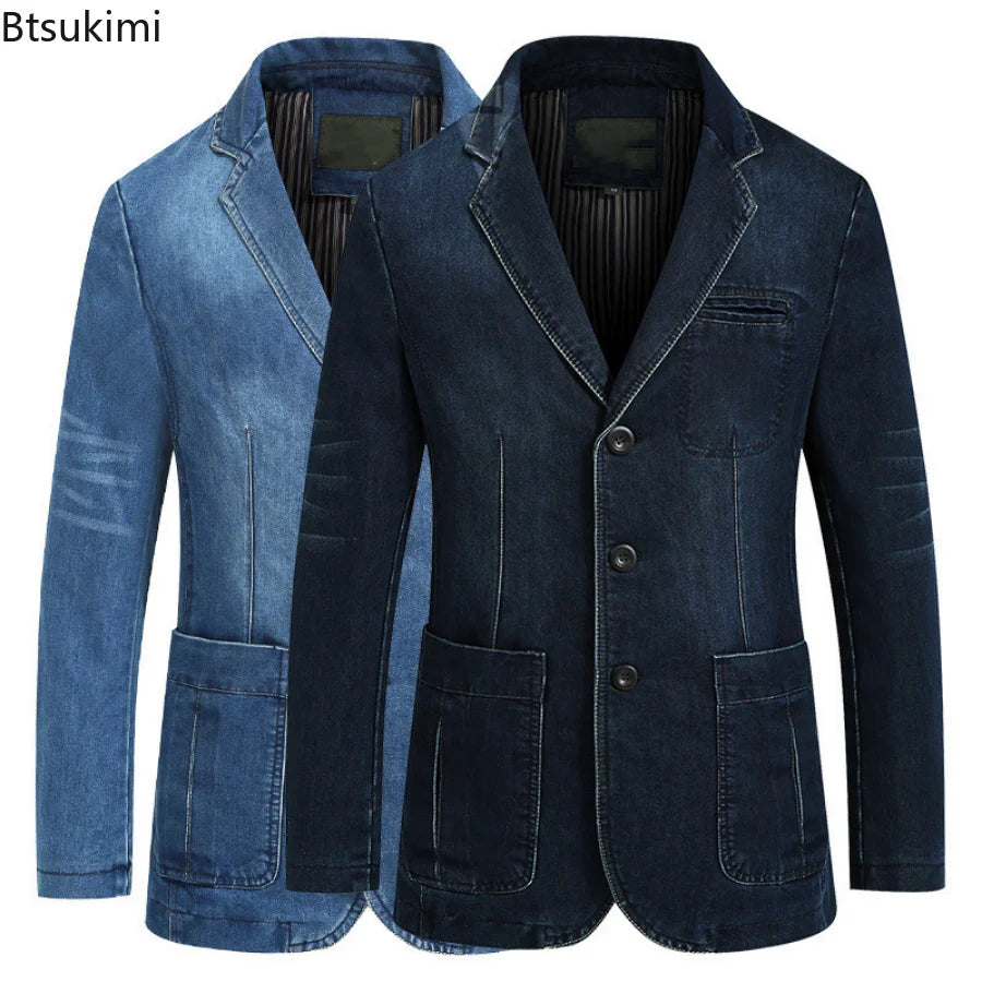 Men’s Slim-Fit Denim Suit Jacket – Modern Casual Formal Blazer