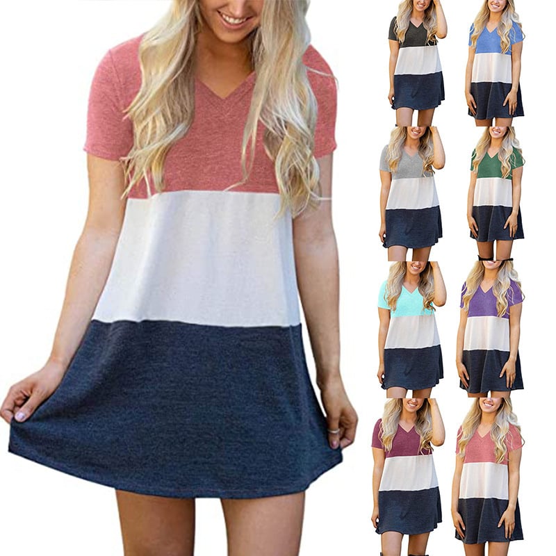 Color Matching V-neck Loose T-shirt Dress for Women