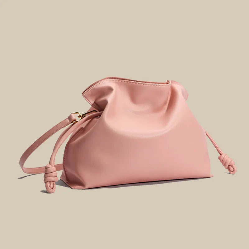 Women’s Fashion Pleated Cowhide Bag – Elegant Genuine Leather Oval Shoulder Handbag