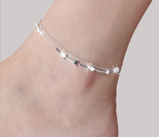 Silver Double Layer Star and Heart Charm Anklet