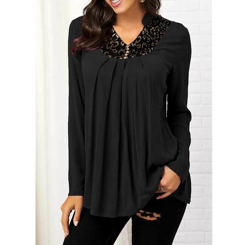 Women's V-Neck Floral Print Lace Top – Long Sleeve Slim Fit Blouse