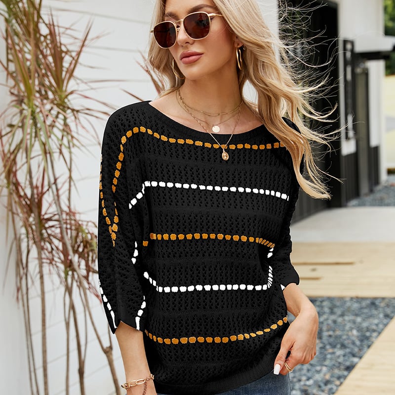 Women’s Striped Knitted Sweater – Loose-Fit Acrylic Three-Quarter Sleeve Casual Top, 2 Colors, S–XL