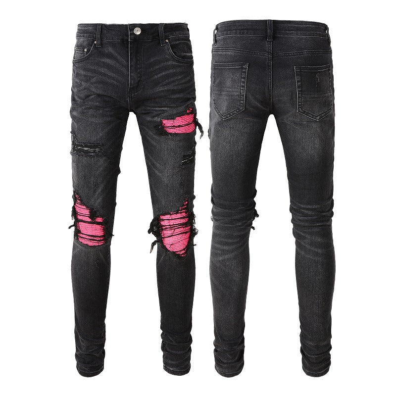 Men’s Colorful Hot Drill Ripped Jeans – Slim-Fit Stretch Black Distressed Denim, Sizes 28–40