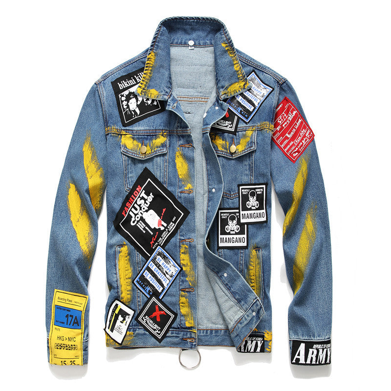 Men’s Loose Casual Denim Jacket with Gold Paint Embroidery – Trendy Statement Jacket