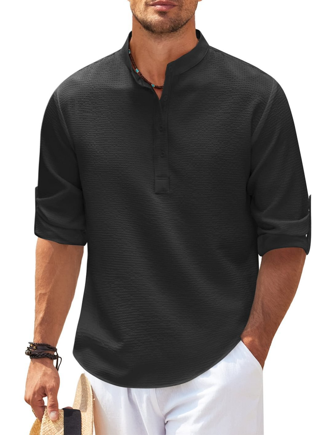 Men’s Pineapple Texture Stand Collar Shirt – Casual Short Sleeve Summer Button Shirt