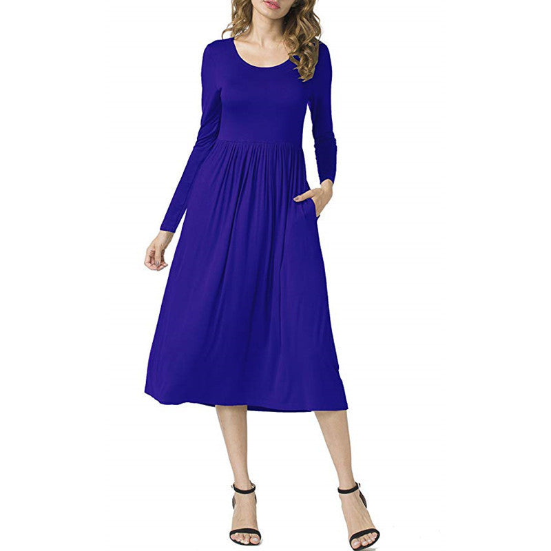 Women’s Long Sleeve A-Line Dress – Elegant Round Neck Solid Color Dress