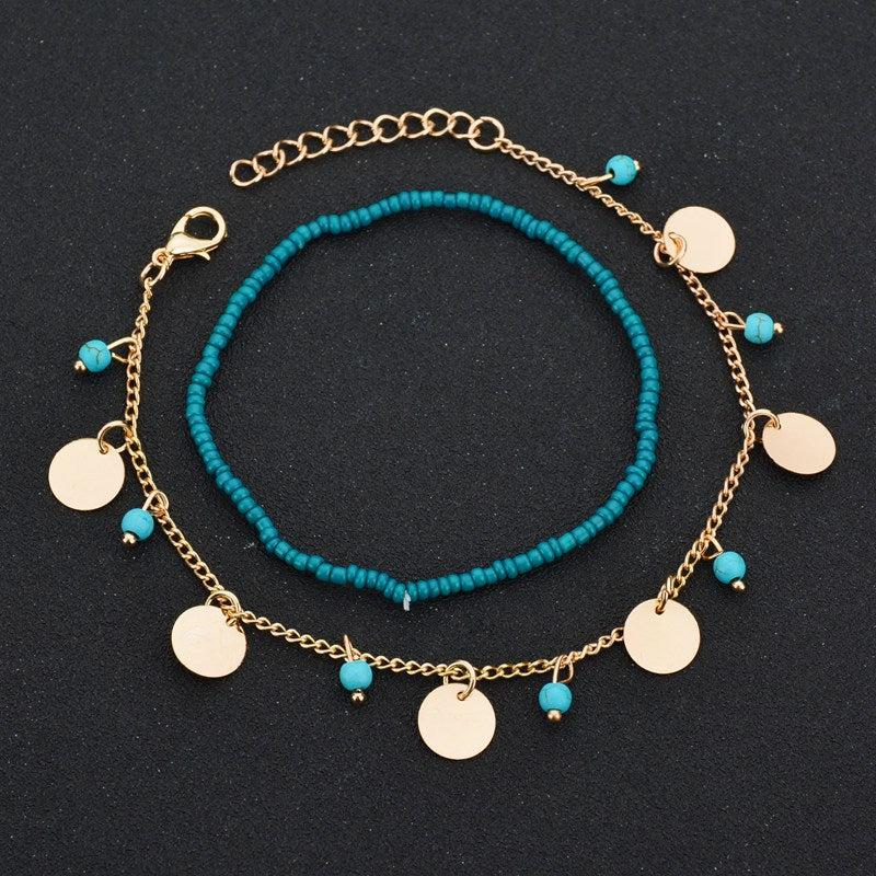 Round Bead Anklet with Turquoise - Bohemian Style