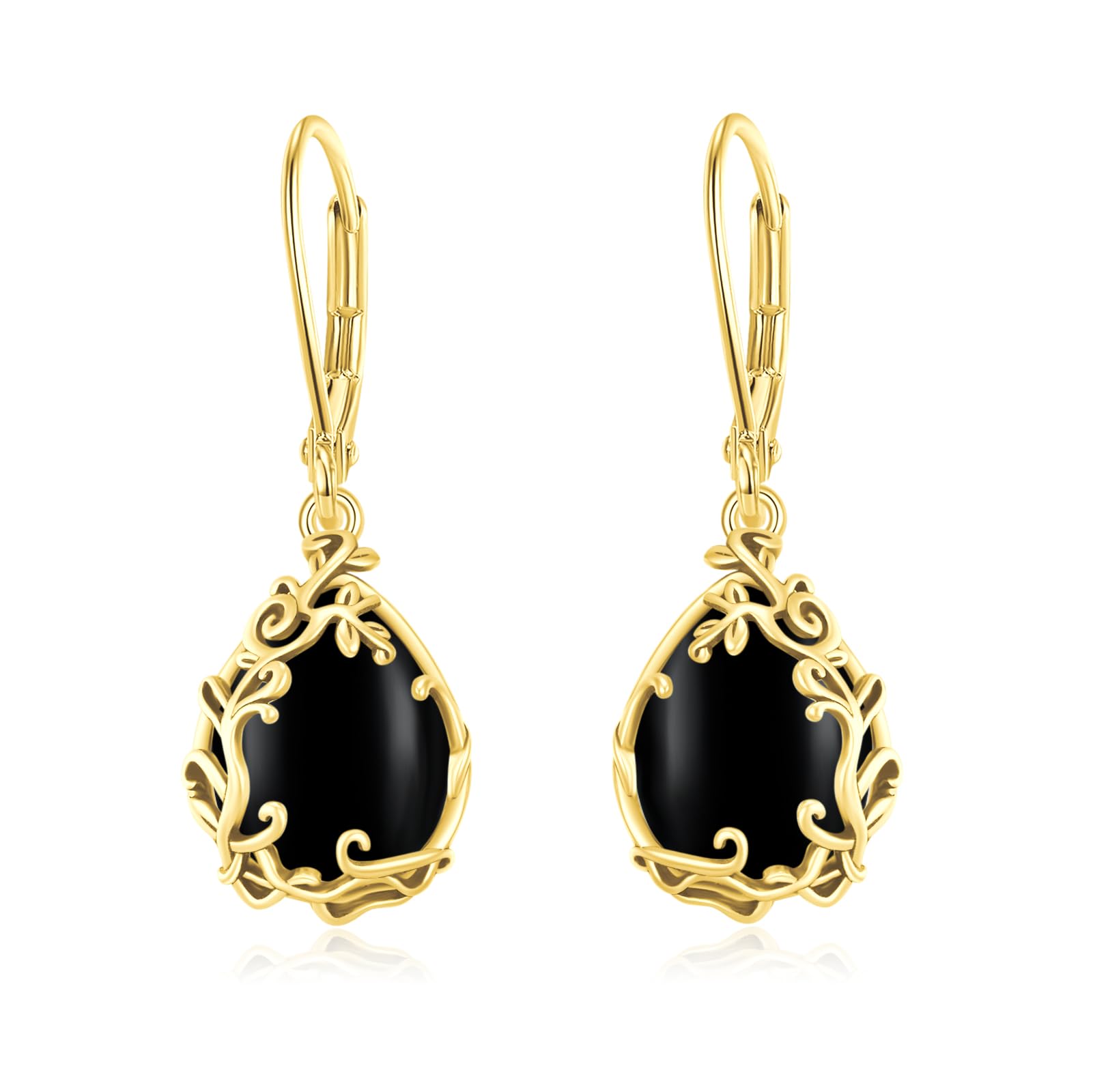 Black Onyx Filigree Teardrop Earrings – 14K Gold Leverback Dangle Earrings