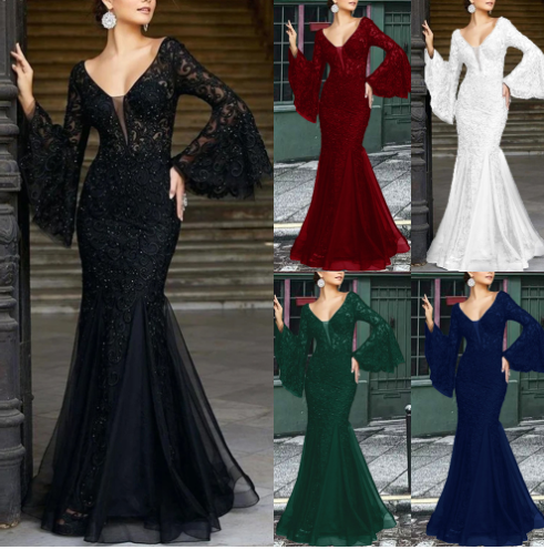 Women's Elegant Mermaid Evening Gown – V-Neck Embroidered Formal Dress