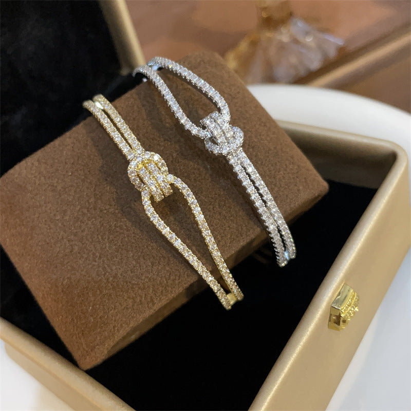 Women’s Diamond-Encrusted Open Cuff Bracelet – Gold & Silver Sparkling Jewelry