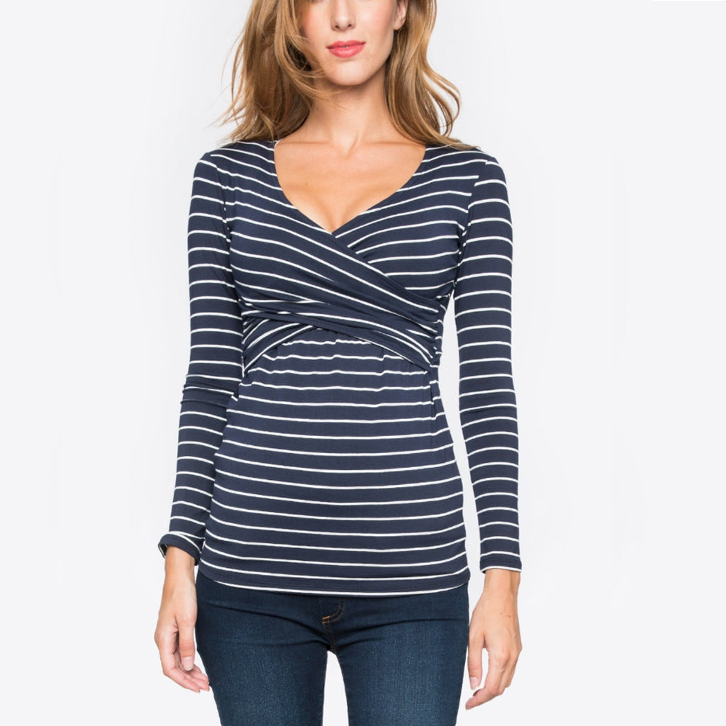 Women's Striped V-Neck Nursing T-Shirt – Long Sleeve Breastfeeding Top