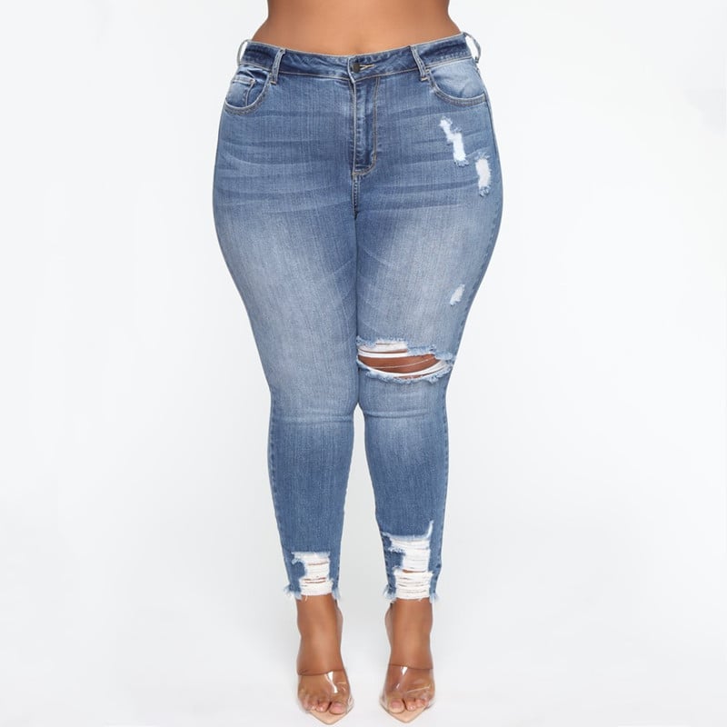 Women’s Plus-Size Ripped Denim Jeans – Cotton Slim-Fit Double-Waist Blue Jeans, 0XL–4XL