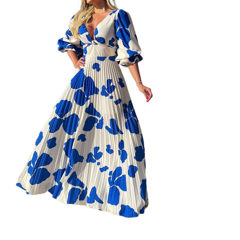 Women’s Elegant Blue Printed High-Waist Dress – Soft Polyester Half-Sleeve Dress, S–XL
