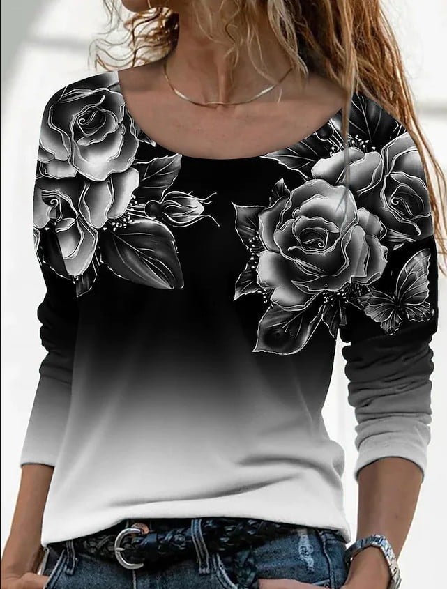 3D Printed Casual Long Sleeve Pullover T-Shirt for Women