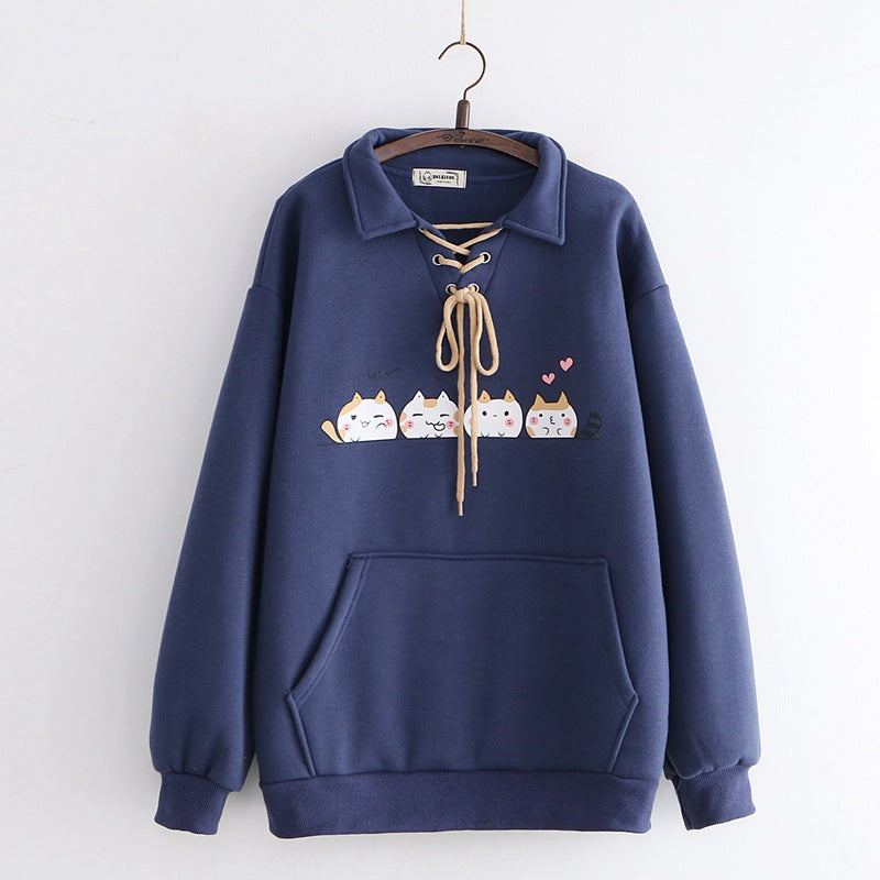 Women’s Plush Hooded Sweater – Japanese Student Style Loose-Fit Long Sleeve Pullover, 3 Colors, One Size