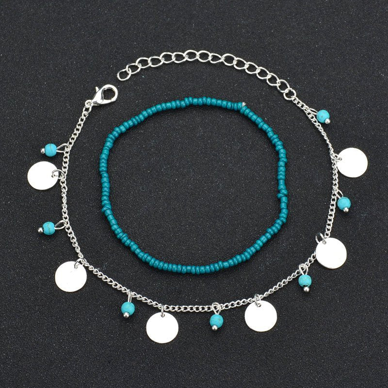 Round Bead Anklet with Turquoise - Bohemian Style