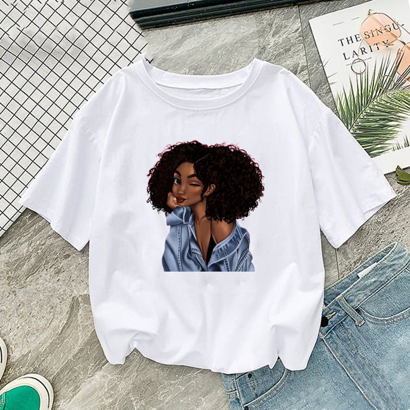 African Girl Print Short Sleeve T-Shirt for Women