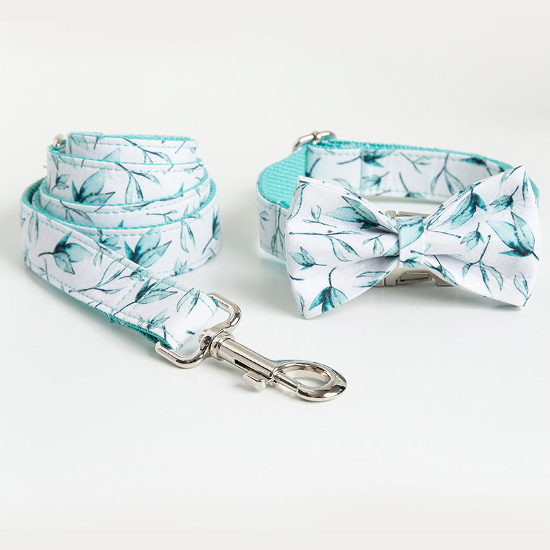 Tropical Leaf Dog & Cat Collar Set – Bowtie Collar & Matching Leash with Metal Buckle