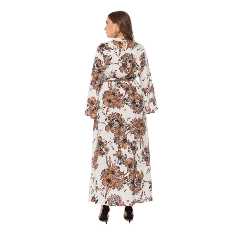 Plus Size Boho Floral Maxi Dress – Choker V-Neck Long Sleeve Dress XL–3XL