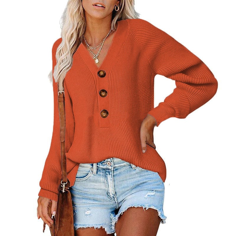 Women’s Button Knitted V-Neck Sweater – Cotton Loose-Fit Long Sleeve Pullover, 11 Colors, S–3XL